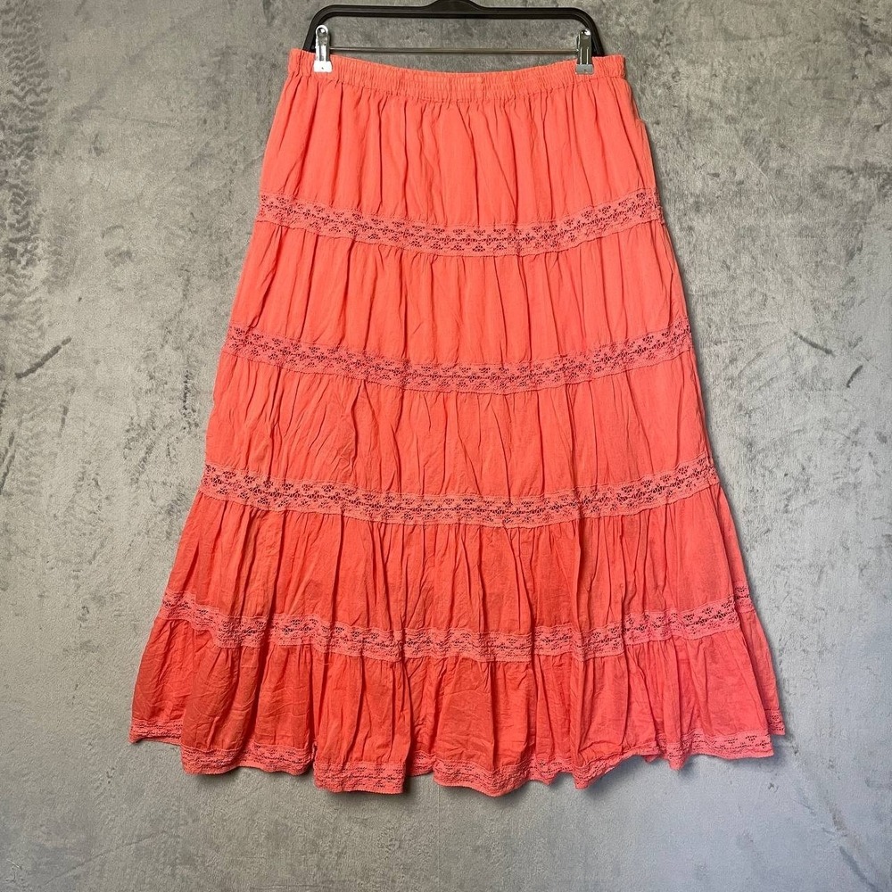 Coral Orange Lace Tiered Maxi Skirt XL Boho Peasant Prairie Beach Resort Flowy - Picture 2 of 7